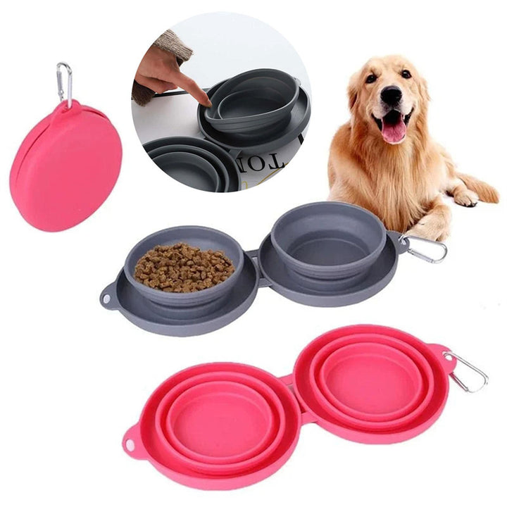 Rubber Foldable Double Bowl Pet Feeding Bowl - FUR VIVIA